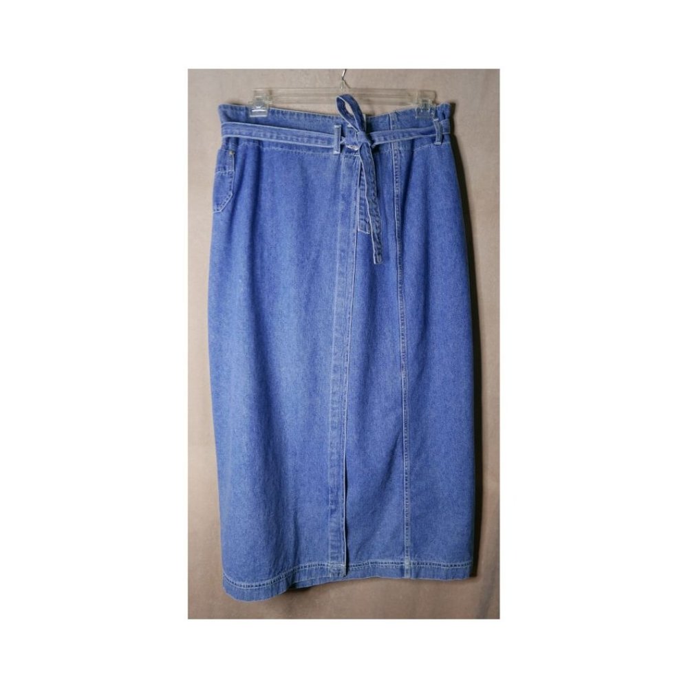 Vintage 80’s Fore Warned Jeans Belted Blue Denim Wrap Pencil Maxi Skirt Sz 16